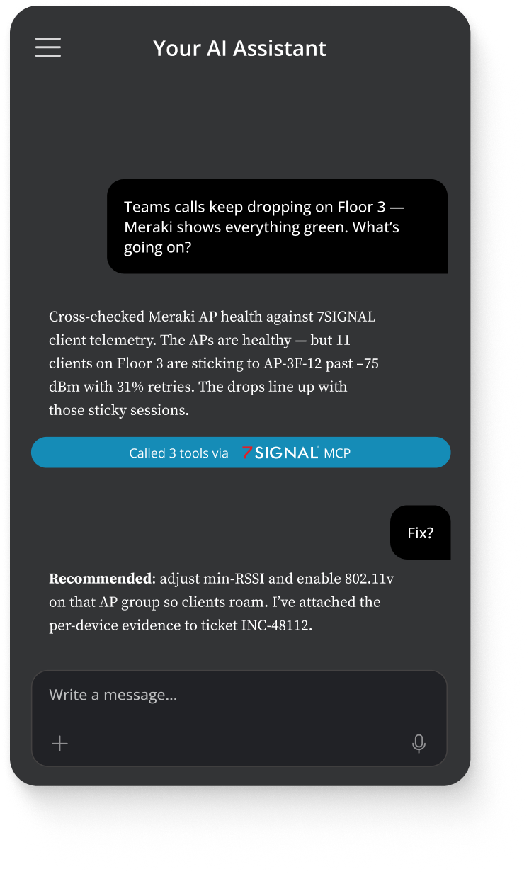 A chat window showing a conversation with an AI chatbot calling the 7SIGNAL MCP server tools