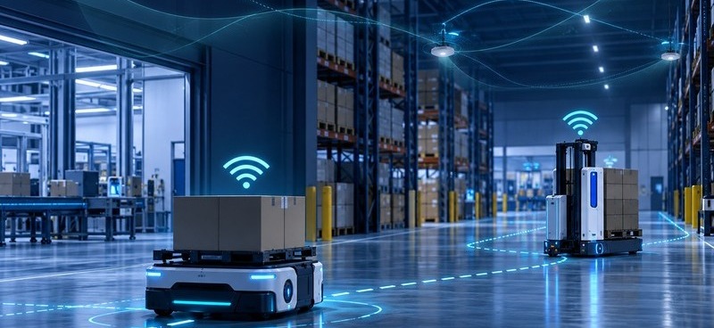 Autonomous warehouse robots moving between racks beneath wireless access points
